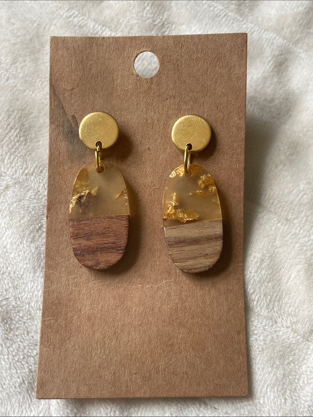 Muted Brass/Gold Two Tone Wood w Gold Flecked Earrings NEW